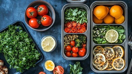 Colorful Healthy Food Spread on Table for Meal Prep and Delivery