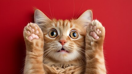 Curious orange tabby cat with paws up against a red background