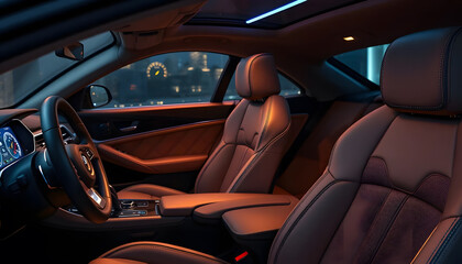 Luxury car interior, premium leather seats with contrast stitching, ambient LED lighting, digital dashboard displaying speedometer