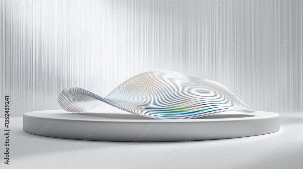 Poster abstract white iridescent wave display on a pedestal in a modern setting
