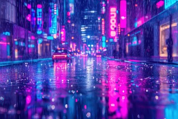 Neon lit city street reflects in the wet rain soaked ground