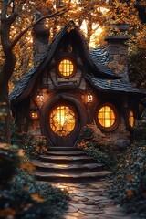 Quaint, magical cottage nestled in autumn woods, lights glow warmly