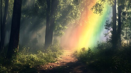 Obraz premium A serene forest scene enhanced by a rainbow, creating a peaceful yet vibrant natural setting