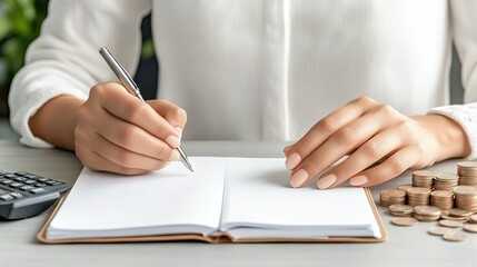 A person is diligently writing notes in a notebook while using a calculator to tally expenses, surrounded by coins at a desk