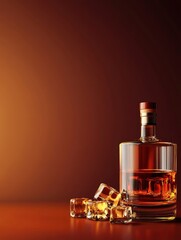 Whiskey Bottle with Ice Cubes on Warm Background for Advertising Use