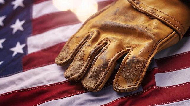 A heartfelt Labor Day tribute featuring worn work gloves set against the backdrop of the American flag.