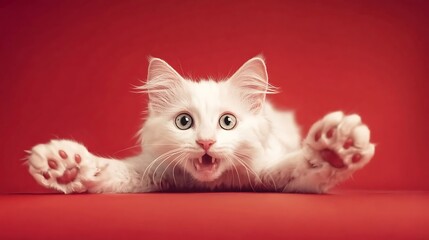 Adorable White Cat with Big Eyes on Bright Red Background