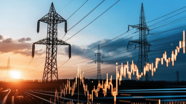 Sunset casts a beautiful glow on power transmission lines, while digital graphs illustrate trends and pricing in the energy market