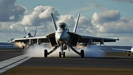 Fighter jets taking off from aircraft carrier deck at sea