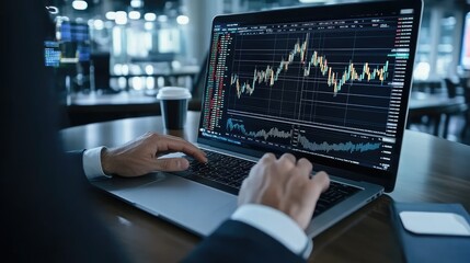 Financial analysis conducted on a laptop in a modern office environment showcasing stock market trends and data visualizations during the daytime