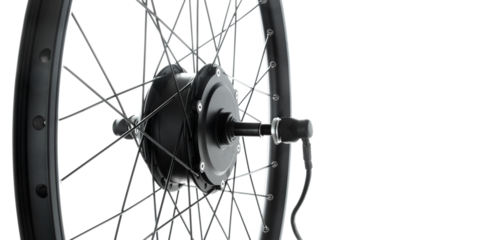Rear motor-wheel of a bicycle, an electric motor spoked into a bicycle rim. Electric bicycle repair. close-up, cut out, with copy space.