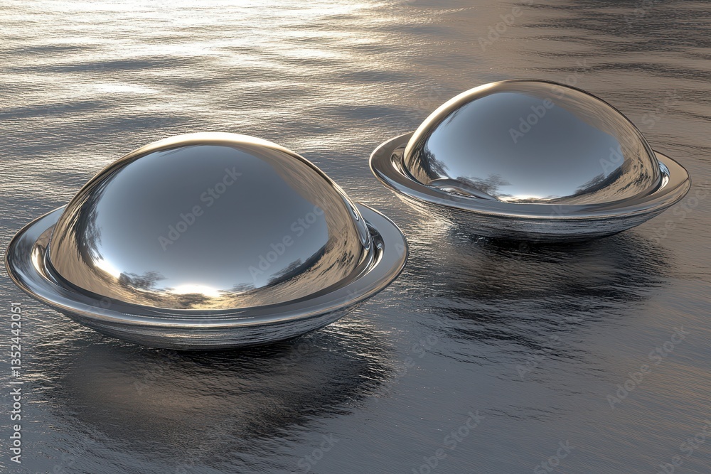 Poster two shiny metallic objects sitting on a reflective surface