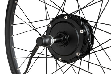 Rear motor-wheel of a bicycle, an electric motor spoked into a bicycle rim. Electric bicycle repair. close-up, cut out, with copy space.