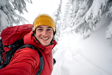 Happy adventurer in a snowy mountain forest taking a selfie capturing winter exploration and a sense of achievement with a bright smile