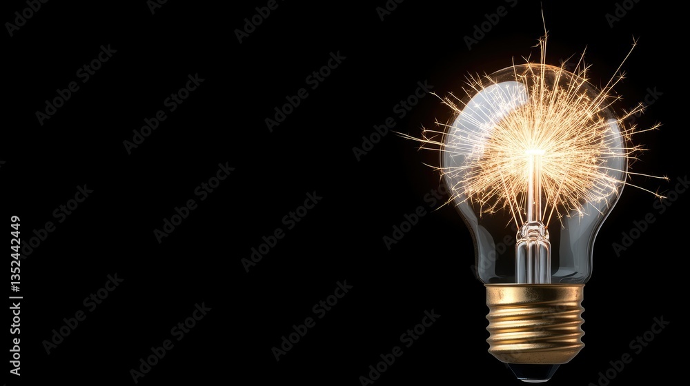 Poster light bulb with a spark emanating from the filament creating a dramatic visual effect in a dark sett
