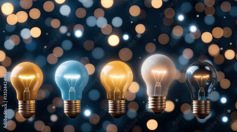 Poster creative display of various light bulbs against a bokeh background showcasing different colors and i