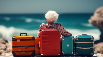 A woman is sitting on the beach with four suitcases in front of her. The suitcases are of different colors and sizes, and they are arranged in a way that they look like they are ready for a trip