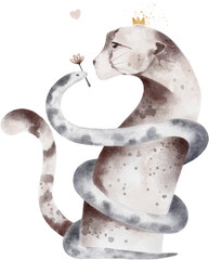 Watercolor illustration of a cheetah entwined with a snake.