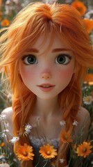 Naklejka premium Red haired girl with green eyes, surrounded by a flowery field, bright day