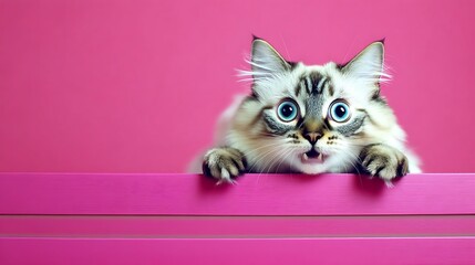 Playful Cat with Blue Eyes Peeking Over Pink Background Surface
