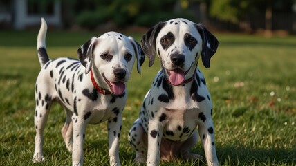Two dalmatian dogs stand on the green grass. They have black spots and pink tongues