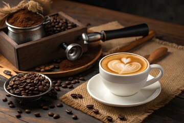 cup of coffee with beans,Sophisticated café tables enhance your coffee moments with grace and style,Cozy up with a freshly brewed coffee that brings both comfort and happiness to your day