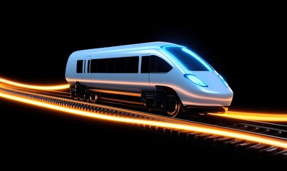 Naklejka premium Futuristic High-Speed Train Concept on Rail Track with Motion Blur Effect Showcasing Modern Transportation and Technology in Dark Environment