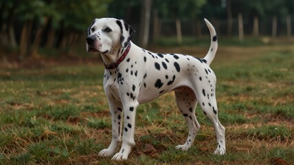 Dalmatian stands proudly on the grass, displaying its distinctive black spots