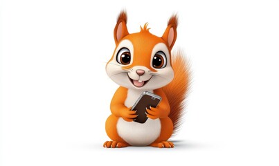 Cute cartoon squirrel with bright orange fur happily holding a smartphone, showcasing a cheerful expression against a clean white background