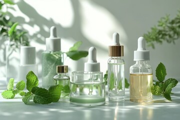 A serene spa setup with natural skincare, essential oils, and fresh mint leaves