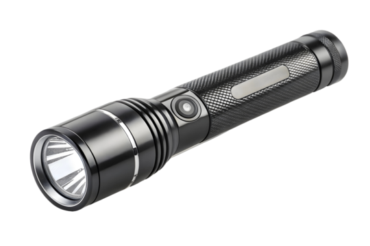 Compact LED Flashlight with Buttons on Plain Surface.