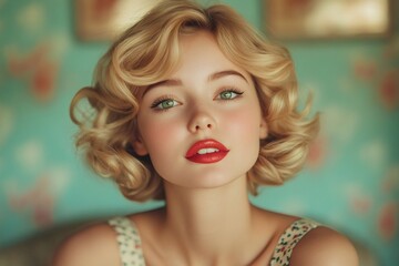 Retro golden short-haired woman portrait with elegant makeup and vintage fashion style, showcasing classic beauty, glamour, and timeless feminine charm in soft lighting.