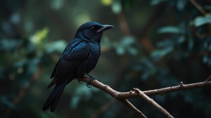 Naklejka premium Glossy black bird perched on a branch in lush green foliage, nature wildlife photography