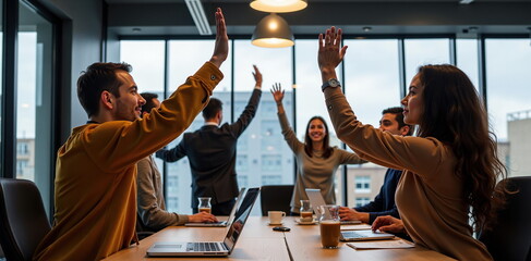 Engaged Team of Young Professionals in Modern Office Raising Hands During Collaborative Meeting
