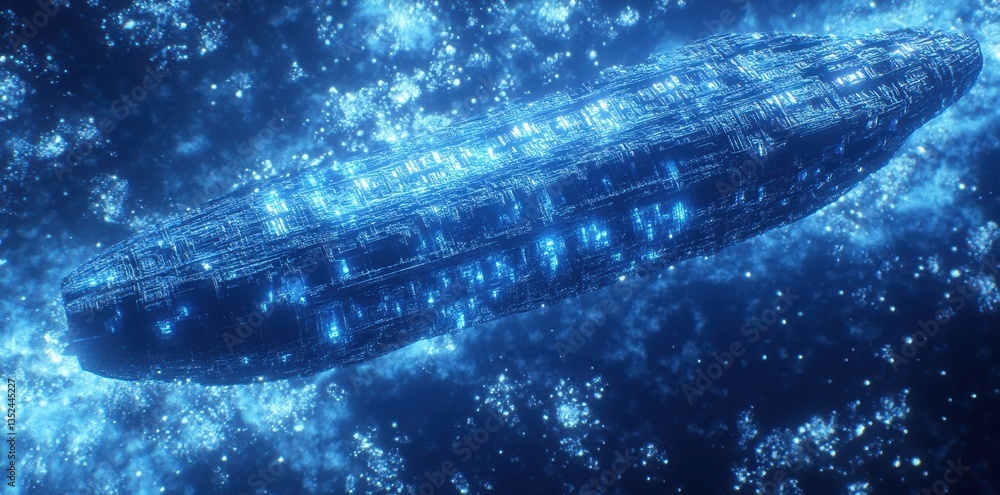 Poster a large spaceship flies through deep space illuminated by glowing lights