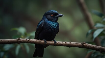 Obraz premium Black bird perched on branch, in a forest. Orange eyes contrast, surrounded by green foliage