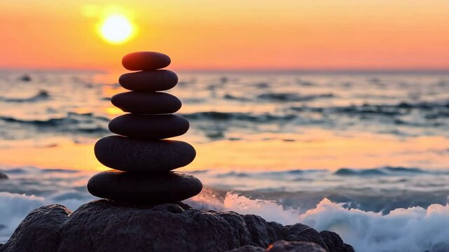 夕日と海を背景に積み重ねられた石