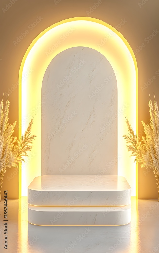 Poster a modern 3d-rendered empty podium with a sleek, marble texture, surrounded by soft ambient lighting,