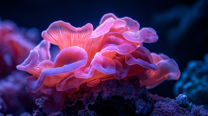 Close-up of a pink coral reef. the coral has multiple layers of tentacles that are arranged in a spiral pattern. the tentacles are a bright pink color and appear to be glowing in the dark.