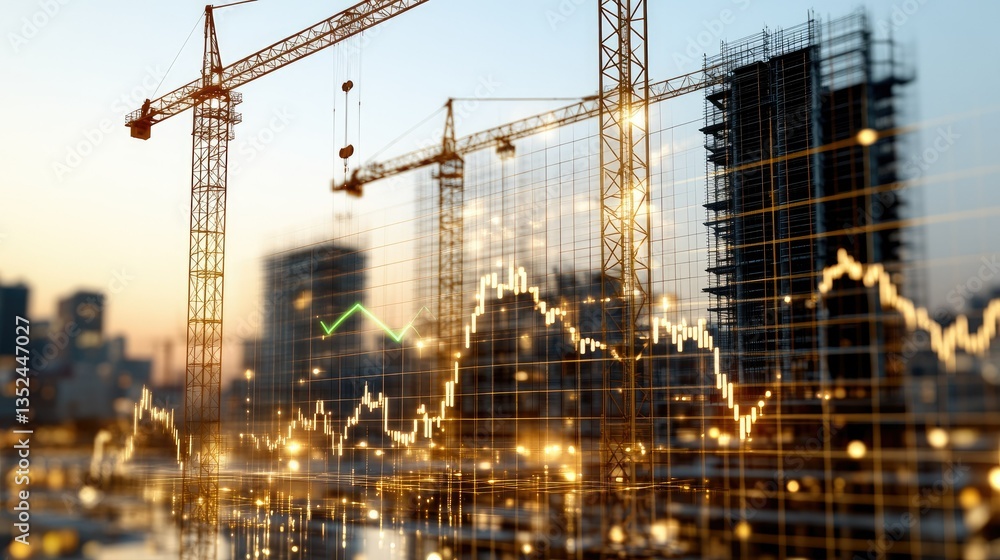 Poster construction site in an urban setting with cranes and financial data visualizations indicating econo