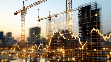 Construction site in an urban setting with cranes and financial data visualizations indicating economic growth and activity during sunset hours
