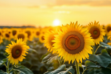 Fototapeta premium Sunflowers bloom under the golden sunset in a vast sunflower field during summer