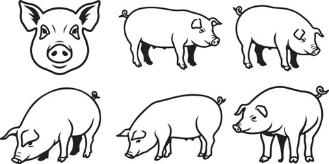 Pigs Silhouette Set. Flat Vector Illustration
