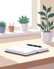 Minimalist Home Office Desk with Open Journal and Pen, 4K Illustration for Mindful Journaling and Reflection, Soft Daylight, Minimalist, Copy Space