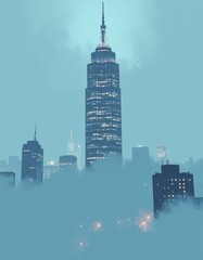 Obraz premium modern skyscraper in fog urban landscape architecture photorealistic illustration for digital backgrounds or commercial use