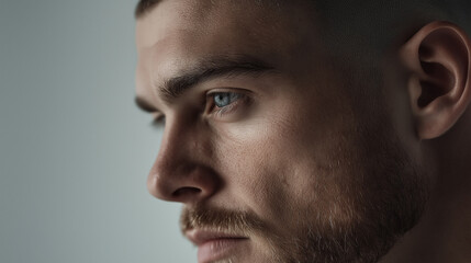 Obraz premium Close-up portrait of a man's face. the man appears to be in his late twenties or early thirties, with short blonde hair and a beard.