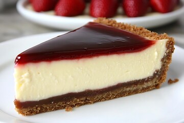 Exquisite slice of strawberry glazed cheesecake with graham crust base