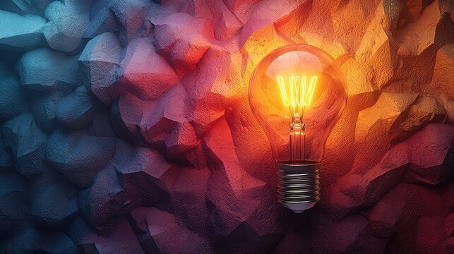 Glowing lightbulb in rocky crevice; innovative solution concept; background of contrasting colors; ideal for business or technology