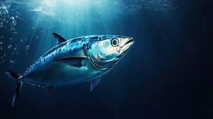 Majestic Tuna Fish Swimming Underwater with Bubbles and Sunlight Rays