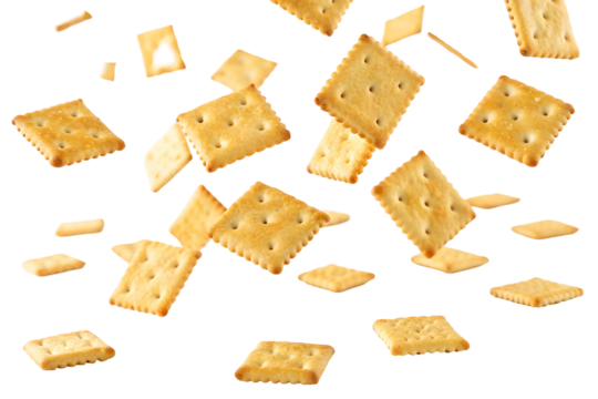 Detailed biscuit Crackers in Air on Clean Background.